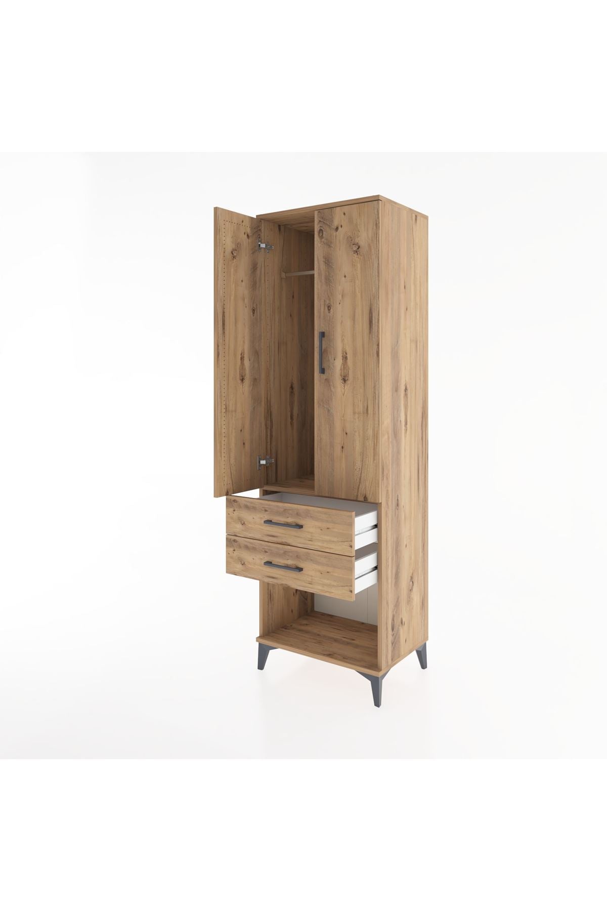 Hyperion Dolap Tek Raflı 2 Çekmeceli Tek Askılı 60x44x195 Çam-Çam