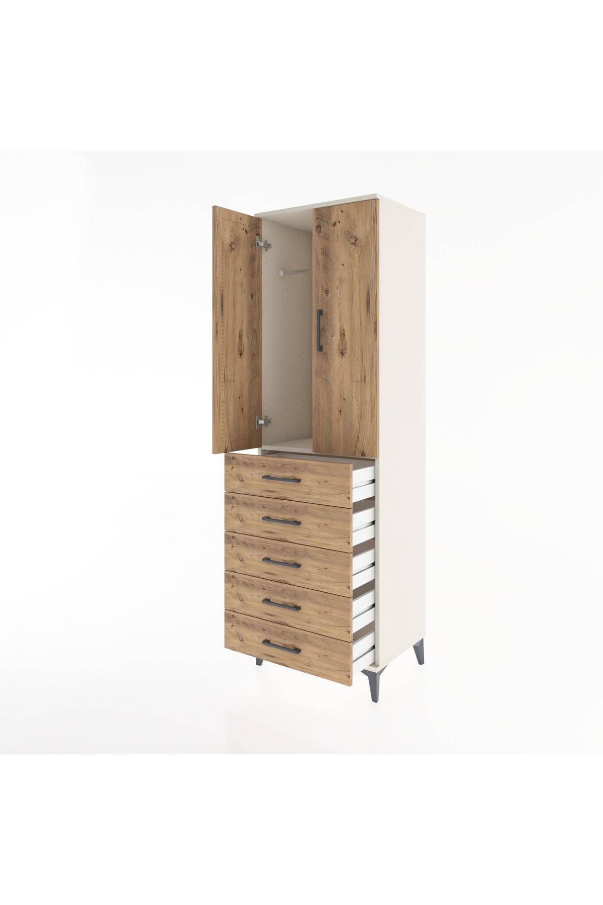 Hyperion Dolap Tek Raflı 5 Çekmeceli Tek Askılı 60x44x195 Aytaşı-Çam