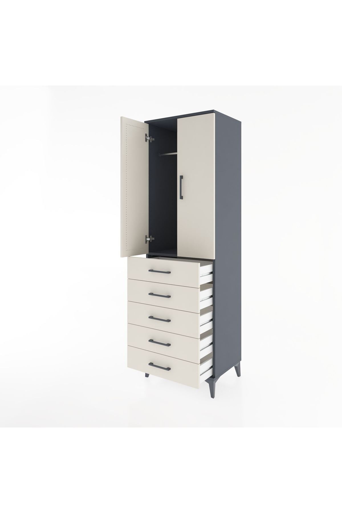 Hyperion Dolap Tek Raflı 5 Çekmeceli Tek Askılı 60x44x195 Antrasit-Aytaşı