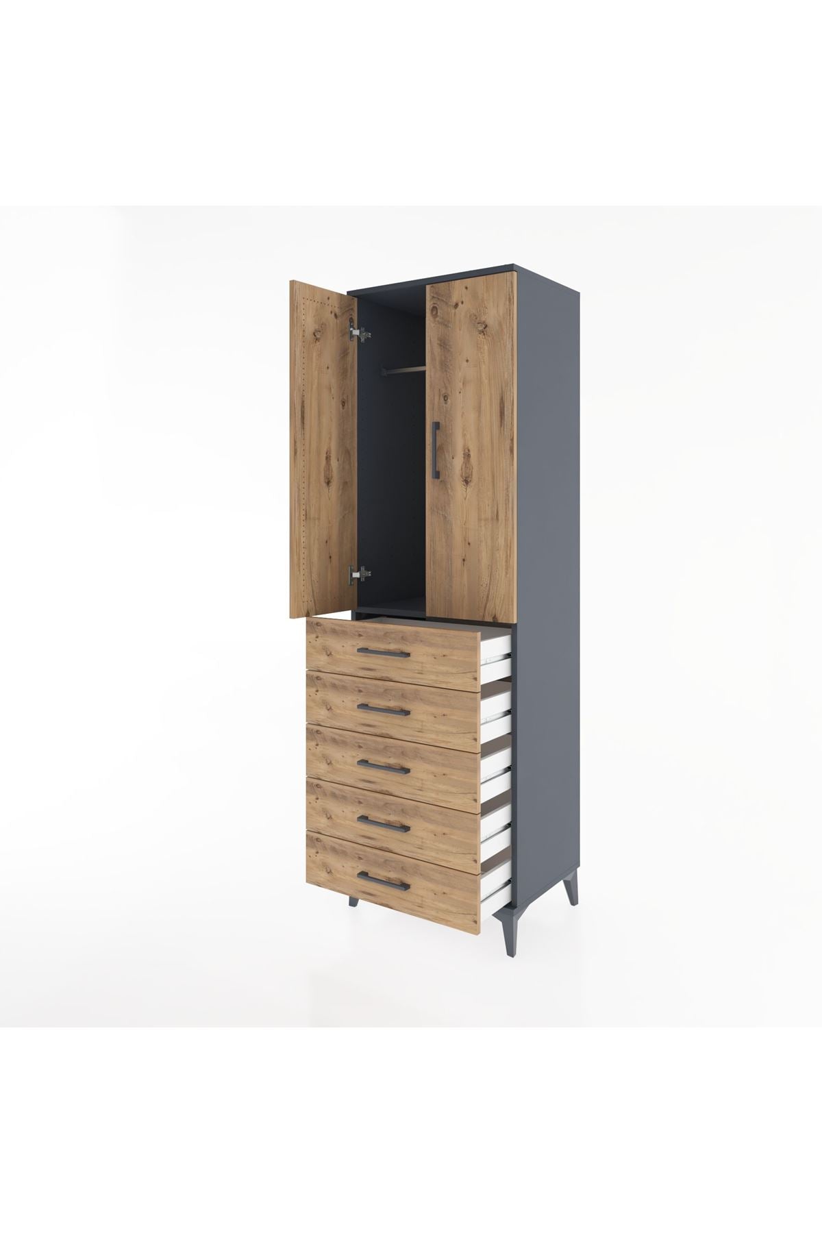 Hyperion Dolap Tek Raflı 5 Çekmeceli Tek Askılı 60x44x195 Antrasit-Çam