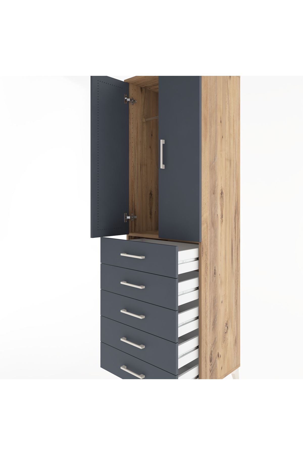 Hyperion Dolap Tek Raflı 5 Çekmeceli Tek Askılı 60x44x195 Çam-Antrasit