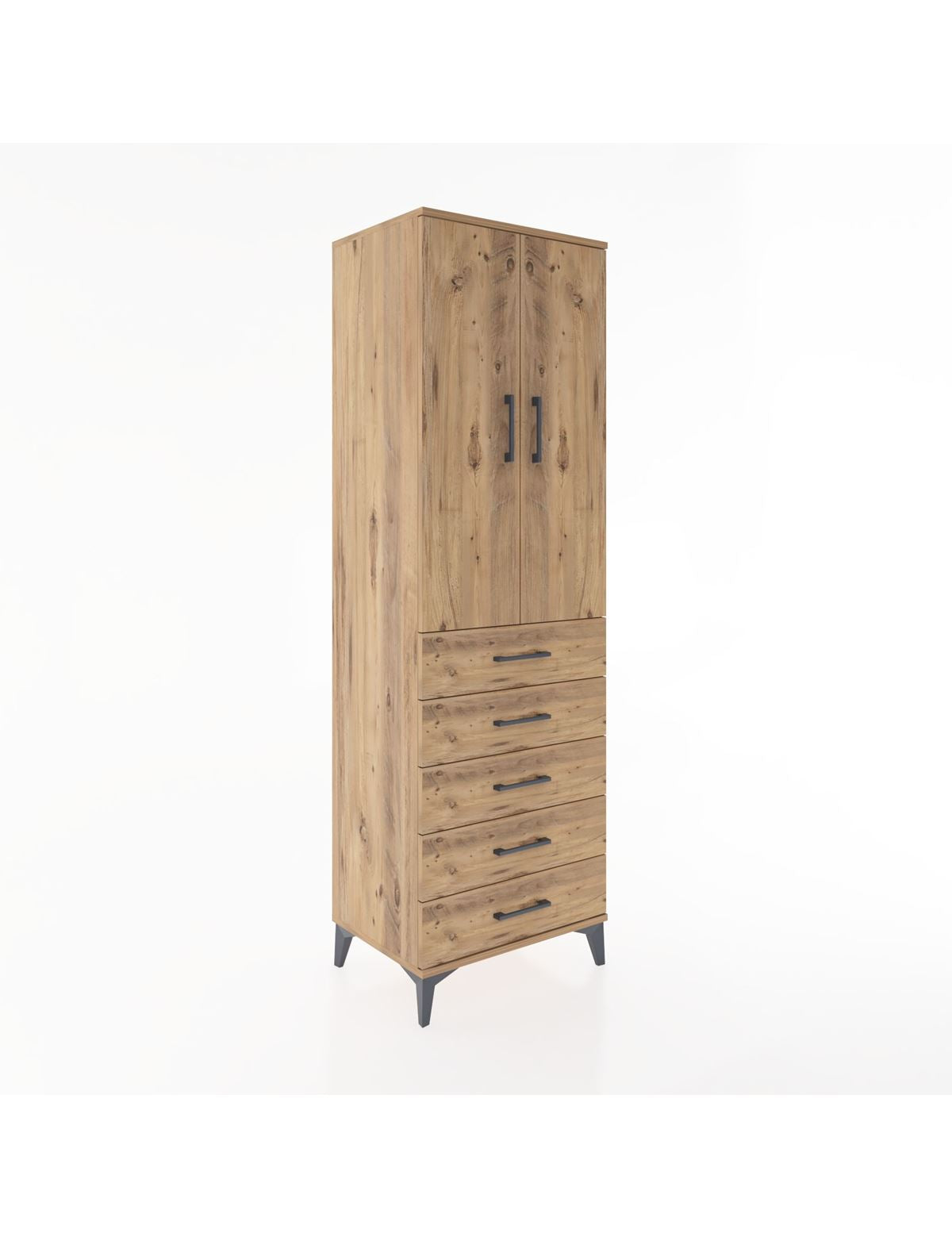 Hyperion Dolap Tek Raflı 5 Çekmeceli Tek Askılı 60x44x195 Çam-Çam