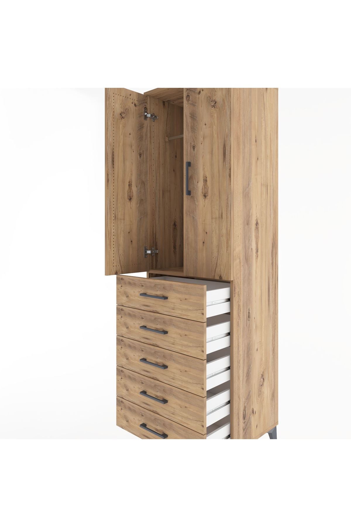 Hyperion Dolap Tek Raflı 5 Çekmeceli Tek Askılı 60x44x195 Çam-Çam