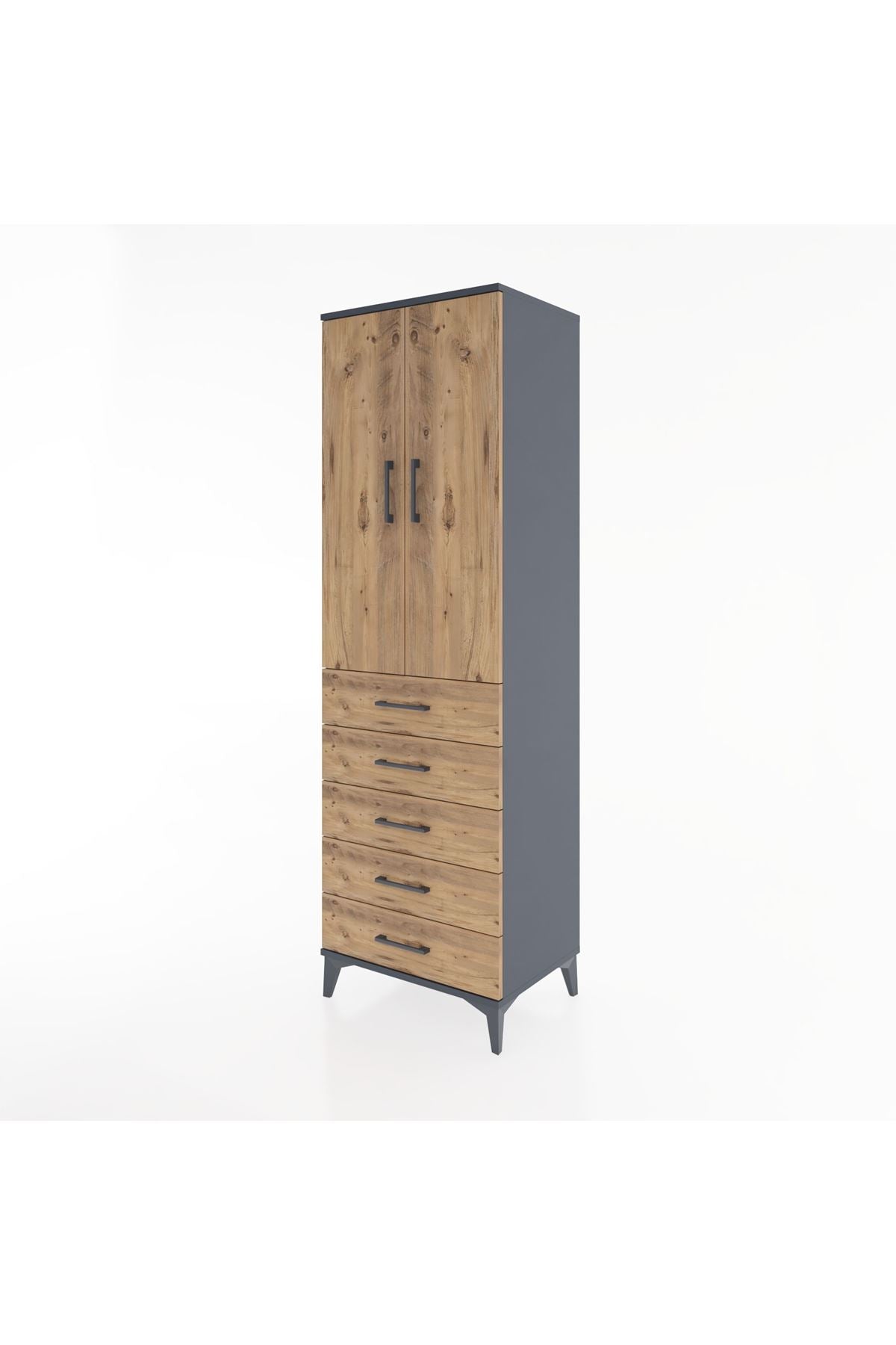 Hyperion Dolap 3 Raflı 5 Çekmeceli 2 Kapaklı 60x44x195 Antrasit-Çam