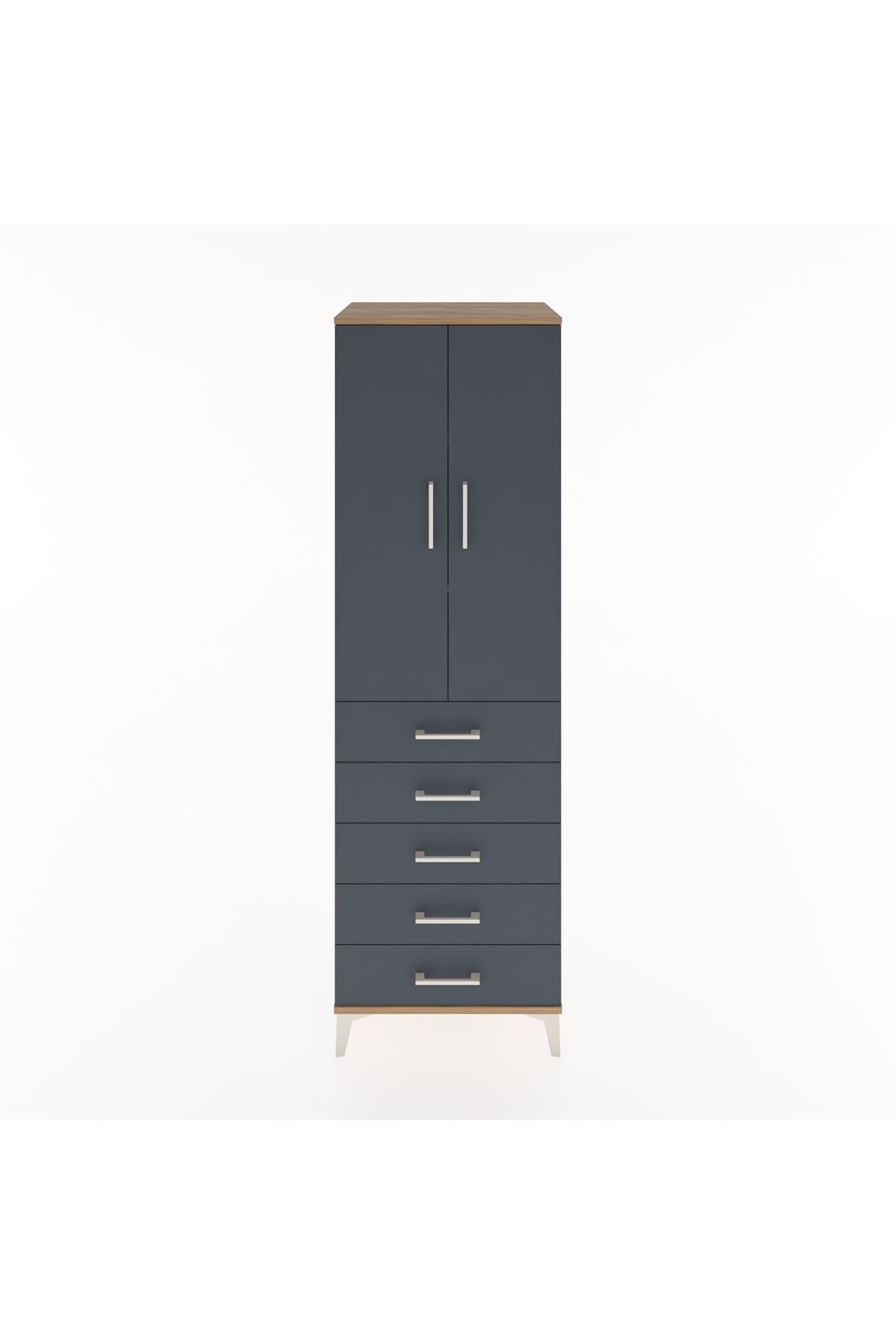 Hyperion Dolap 3 Raflı 5 Çekmeceli 2 Kapaklı 60x44x195 Çam-Antrasit