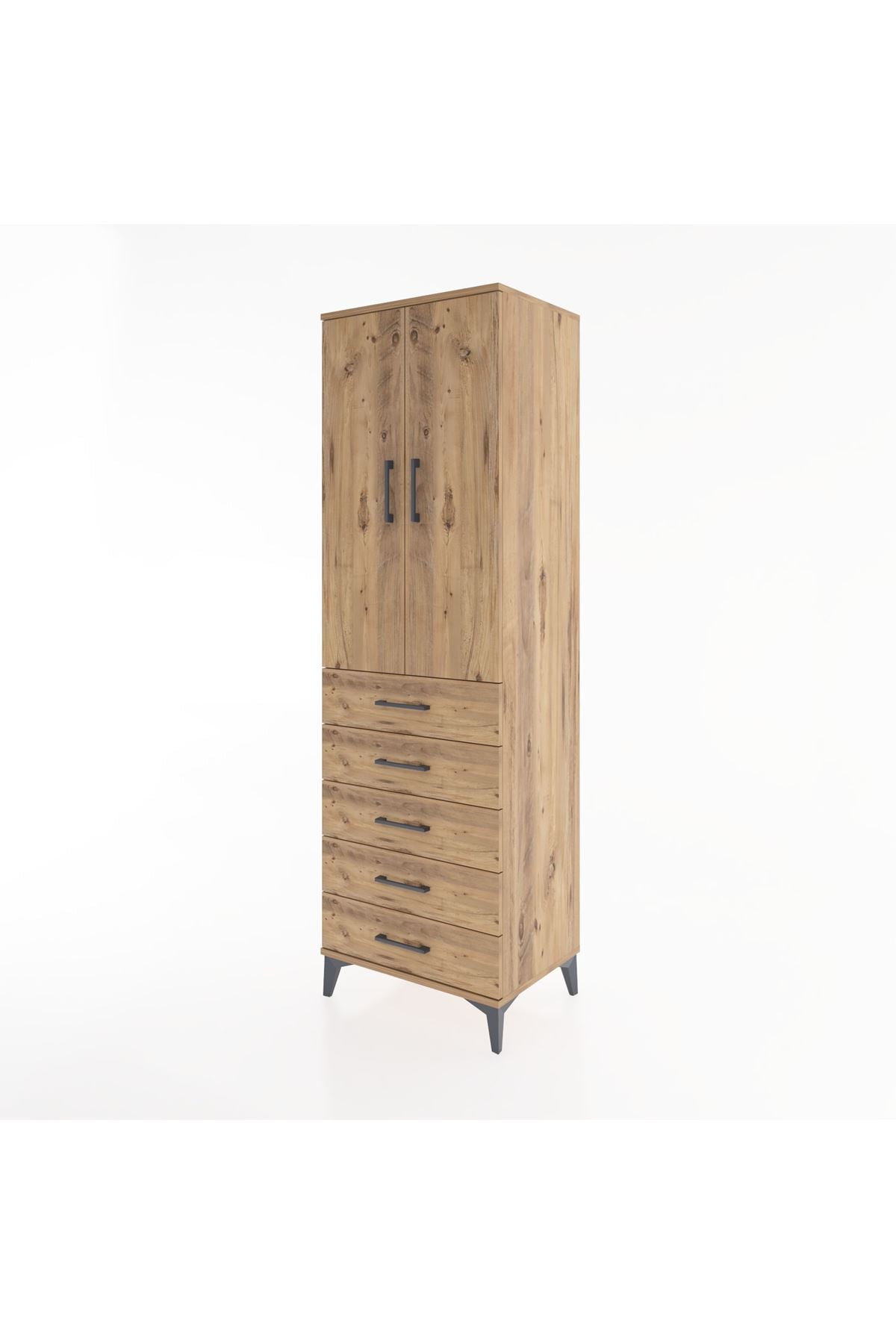 Hyperion Dolap 3 Raflı 5 Çekmeceli 2 Kapaklı 60x44x195 Çam-Çam