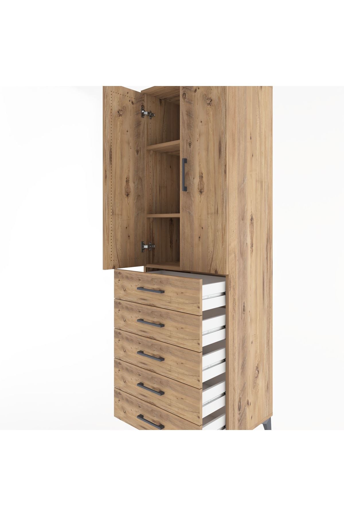 Hyperion Dolap 3 Raflı 5 Çekmeceli 2 Kapaklı 60x44x195 Çam-Çam