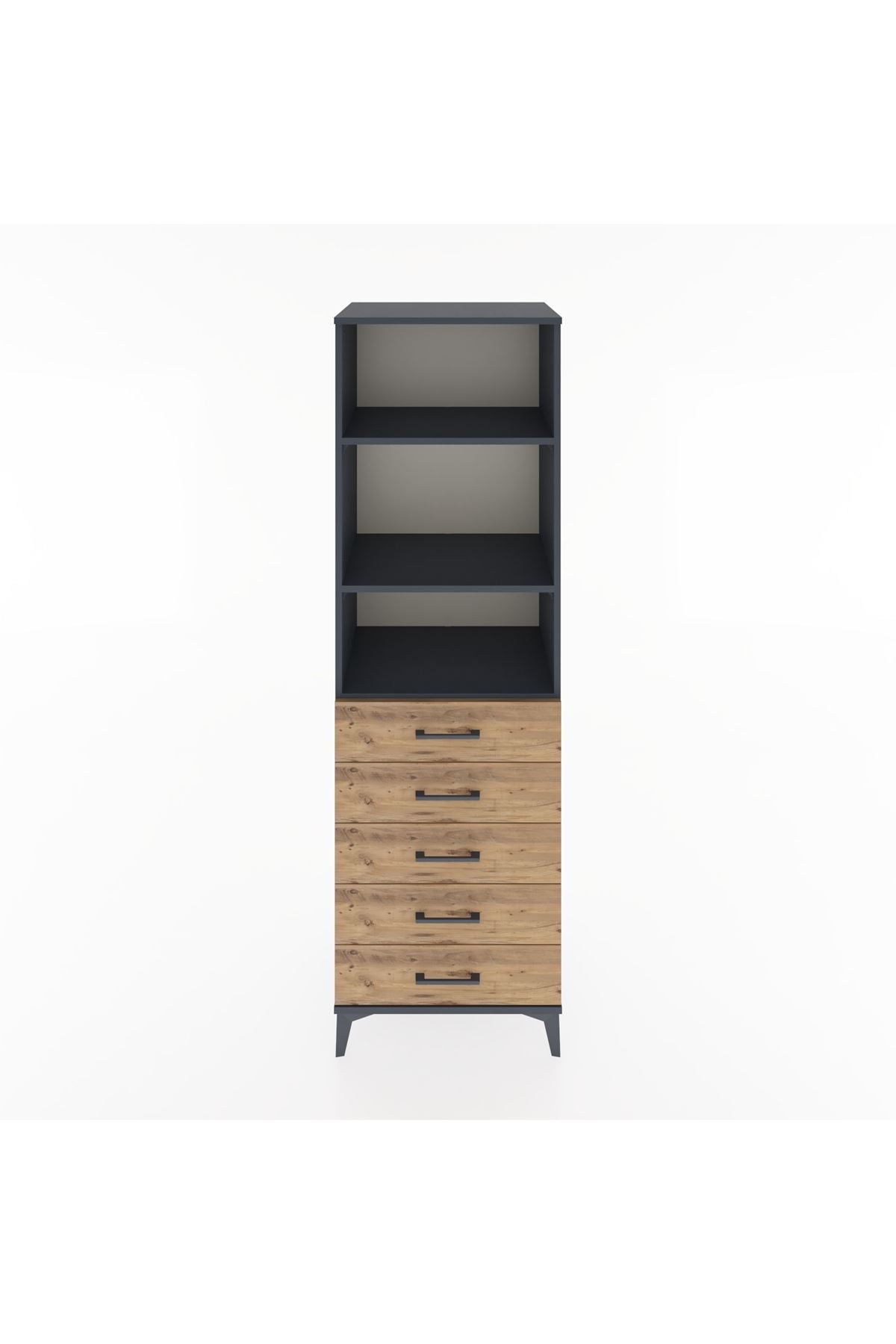 Hyperion Dolap 3 Raflı 5 Çekmeceli 60x44x195 Antrasit-Çam