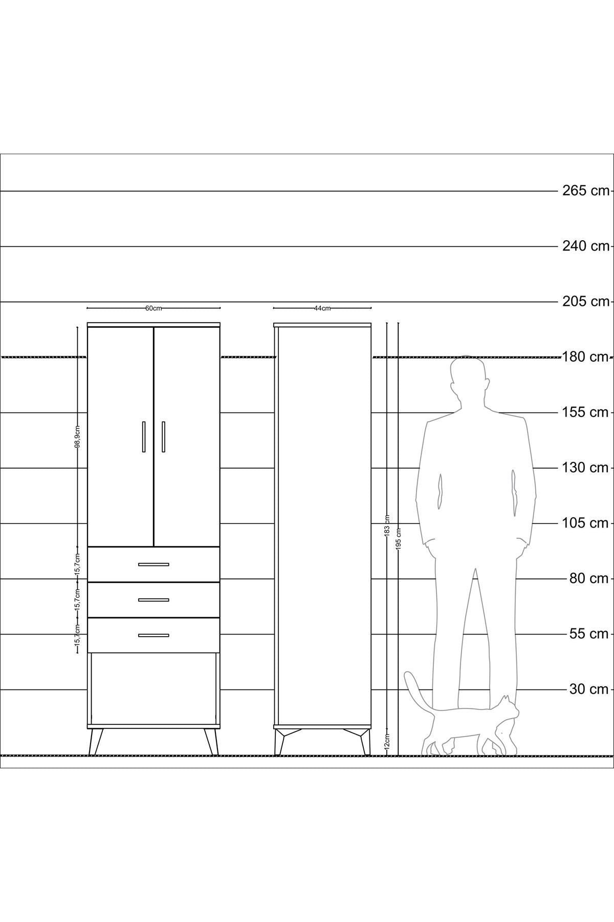 Hyperion Dolap 3 Raflı 3 Çekmeceli 2 Kapaklı 60x44x195 Çam-Antrasit