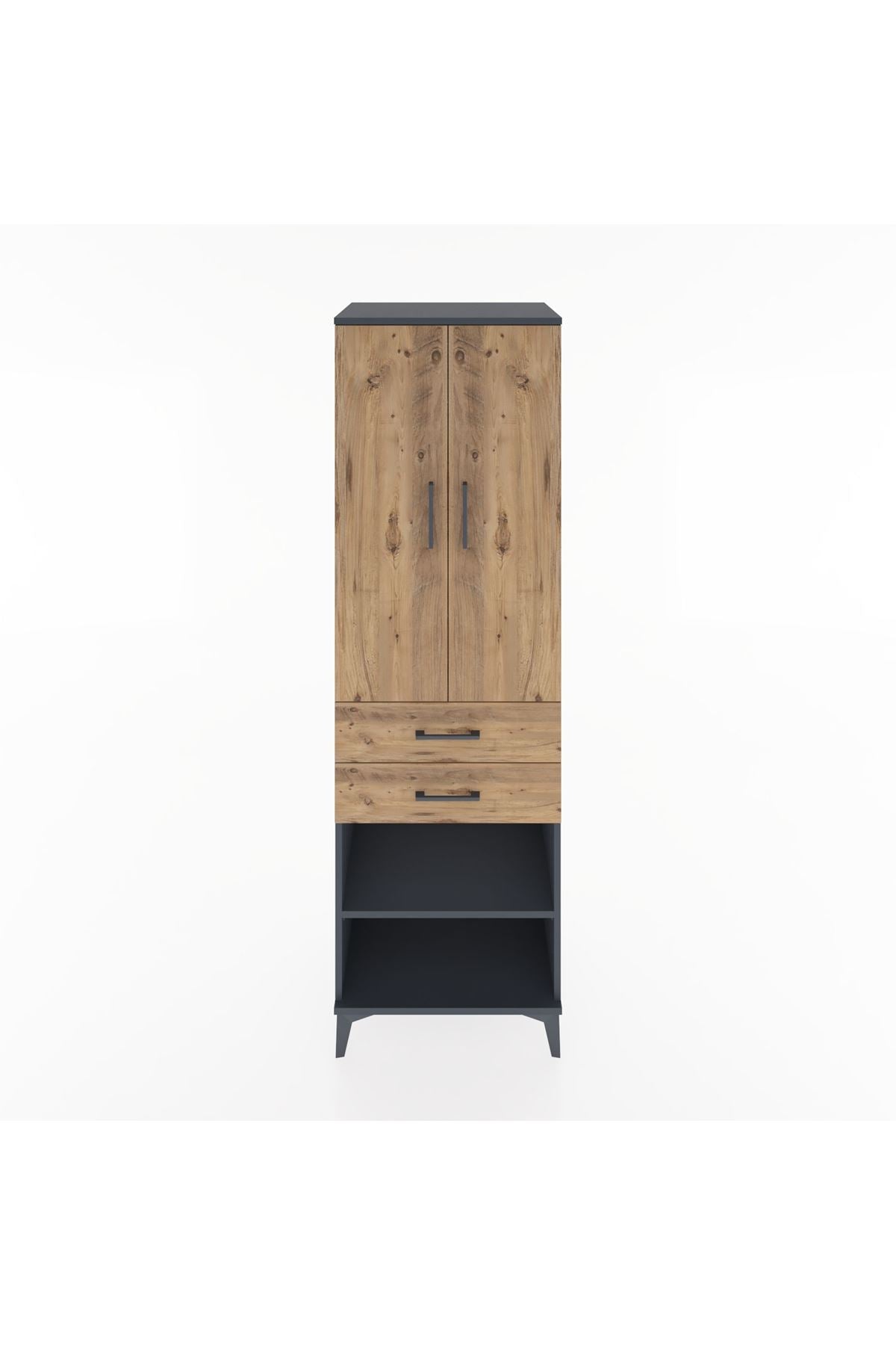 Hyperion Dolap 4 Raflı 2 Çekmeceli 2 Kapaklı 60x44x195 Antrasit-Çam
