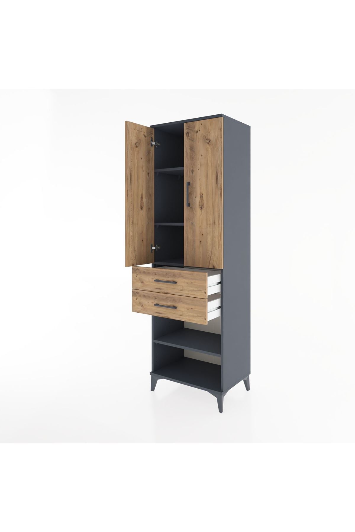 Hyperion Dolap 4 Raflı 2 Çekmeceli 2 Kapaklı 60x44x195 Antrasit-Çam