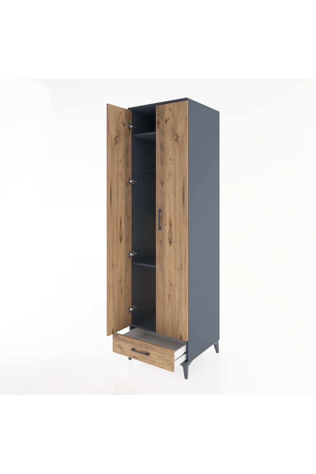 Hyperion Dolap 3 Raflı Tek Çekmeceli Tek Askılı 60x44x195 Antrasit-Çam