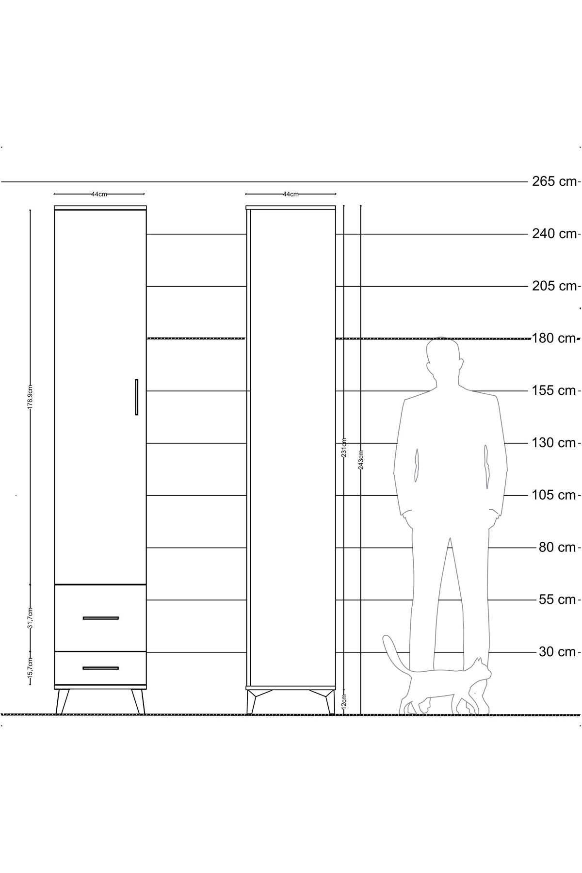 Hyperion Dolap 3 Raflı 2 Çekmeceli Tek Askılı 44x44x243 Antrasit-Çam