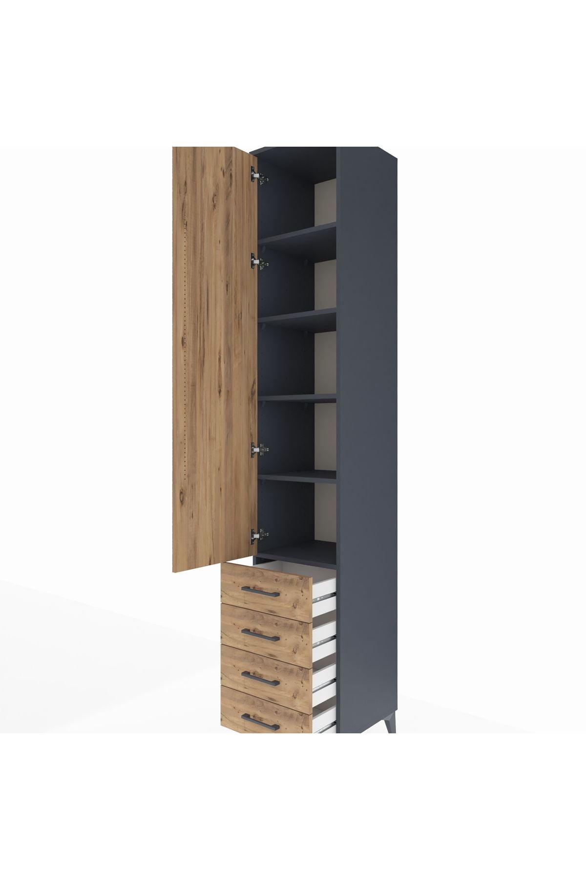 Hyperion Dolap 5 Raflı 4 Çekmeceli Tek Kapaklı 44x44x243 Antrasit-Çam