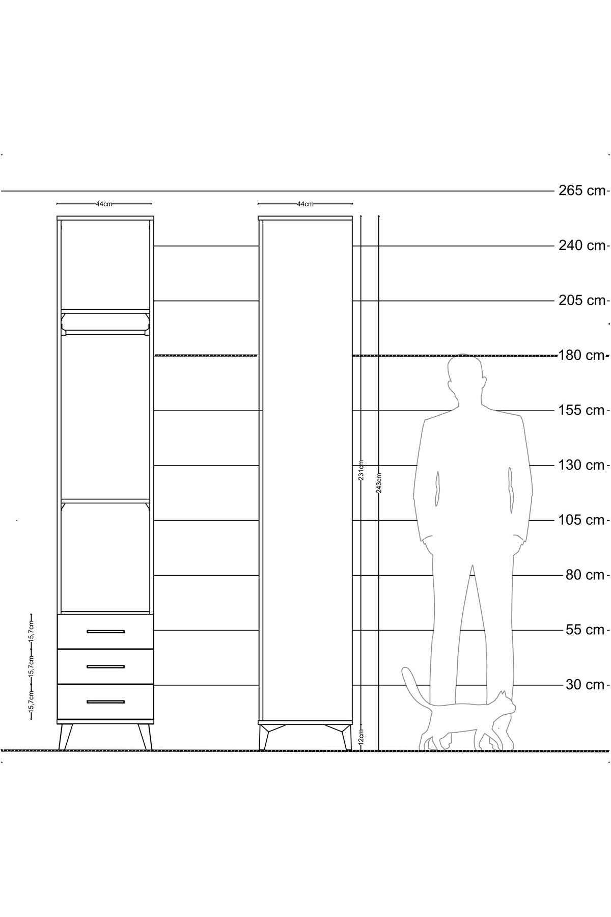 Hyperion Dolap 3 Raflı 3 Çekmeceli Tek Askılı 44x44x243 Çam-Antrasit