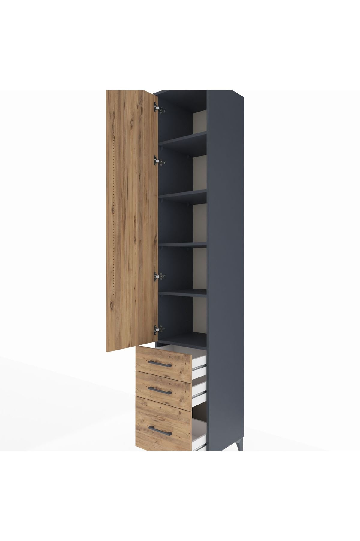 Hyperion Dolap 5 Raflı 3 Çekmeceli Tek Kapaklı 44x44x243 Antrasit-Çam