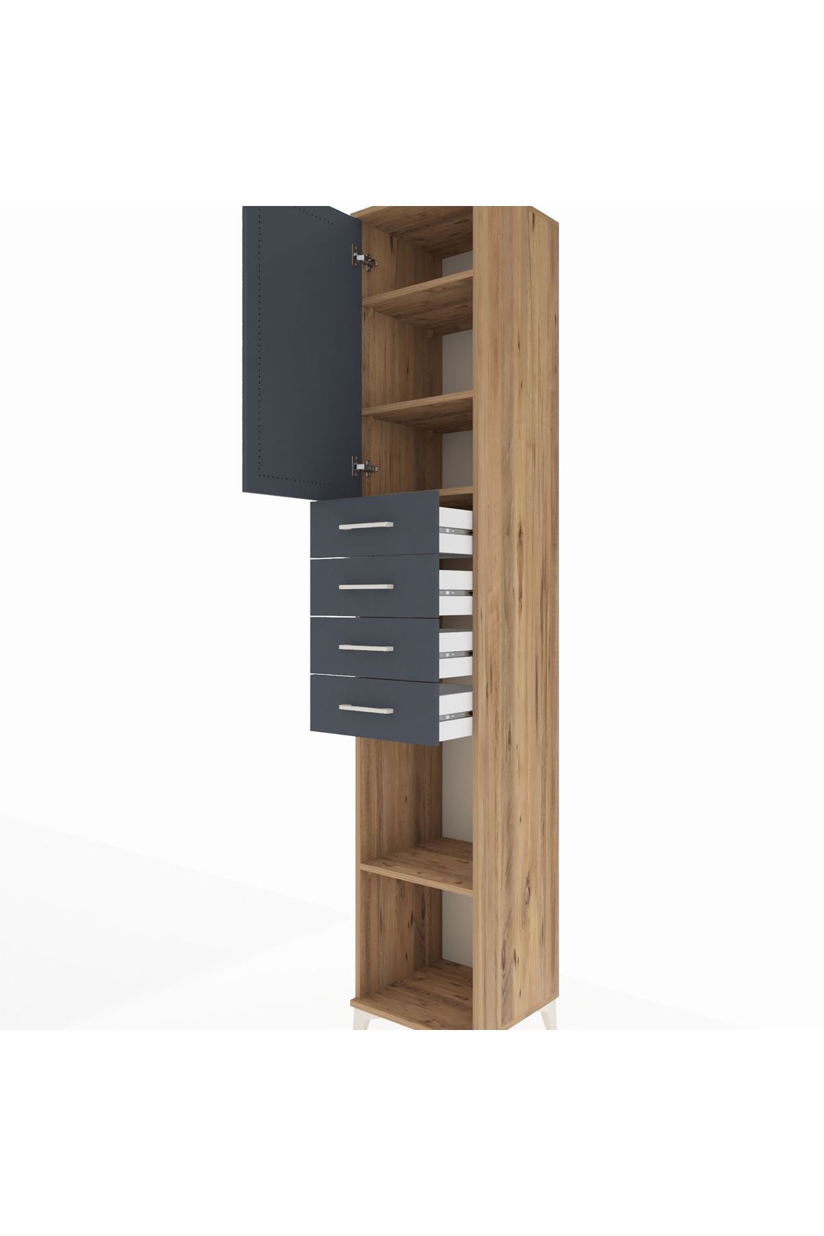 Hyperion Dolap 4 Raflı 4 Çekmeceli Tek Kapaklı 44x44x243 Çam-Antrasit