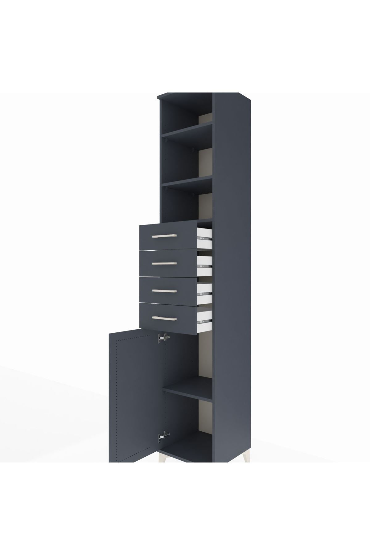 Hyperion Dolap 4 Raflı 4 Çekmeceli Tek Kapaklı 44x44x243 Antrasit-Antrasit