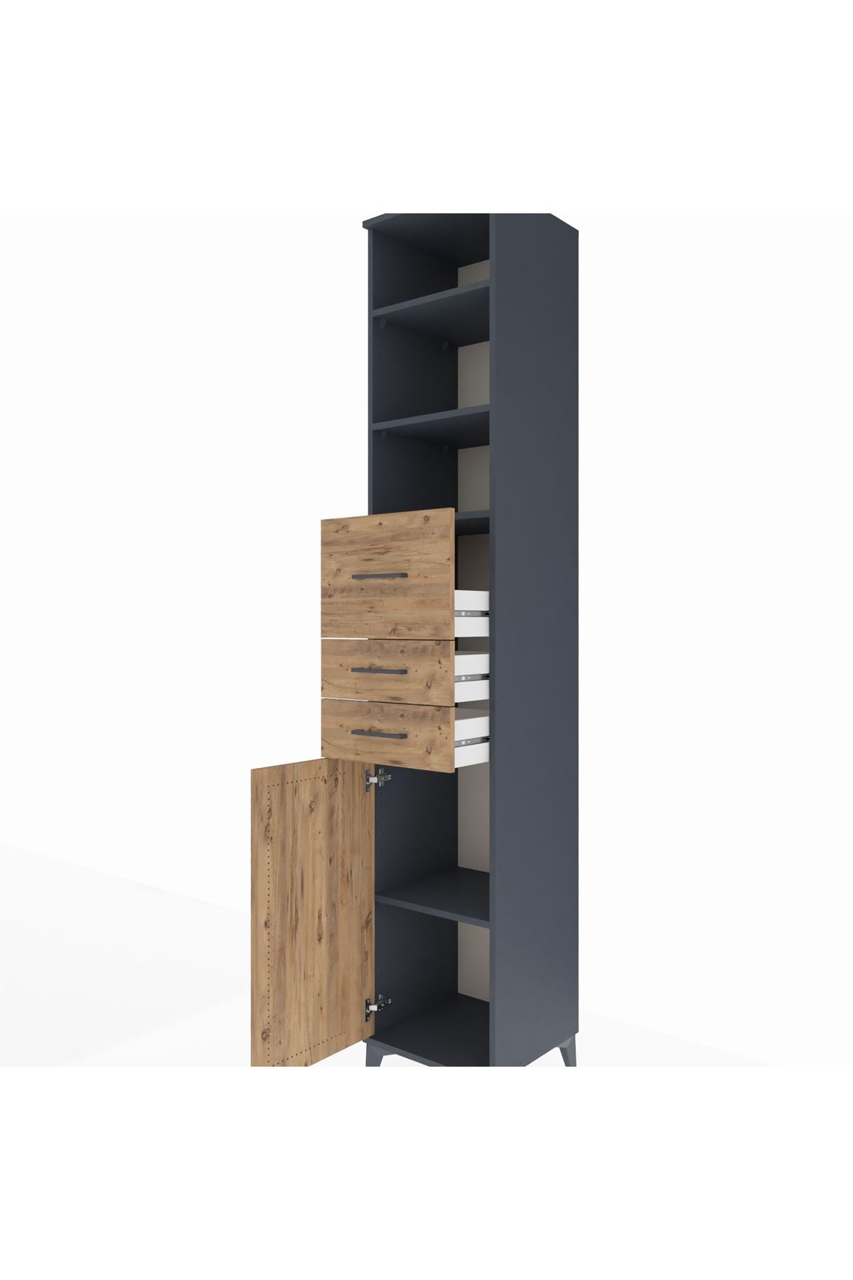 Hyperion Dolap 4 Raflı 3 Çekmeceli Tek Kapaklı 44x44x243 Antrasit-Çam