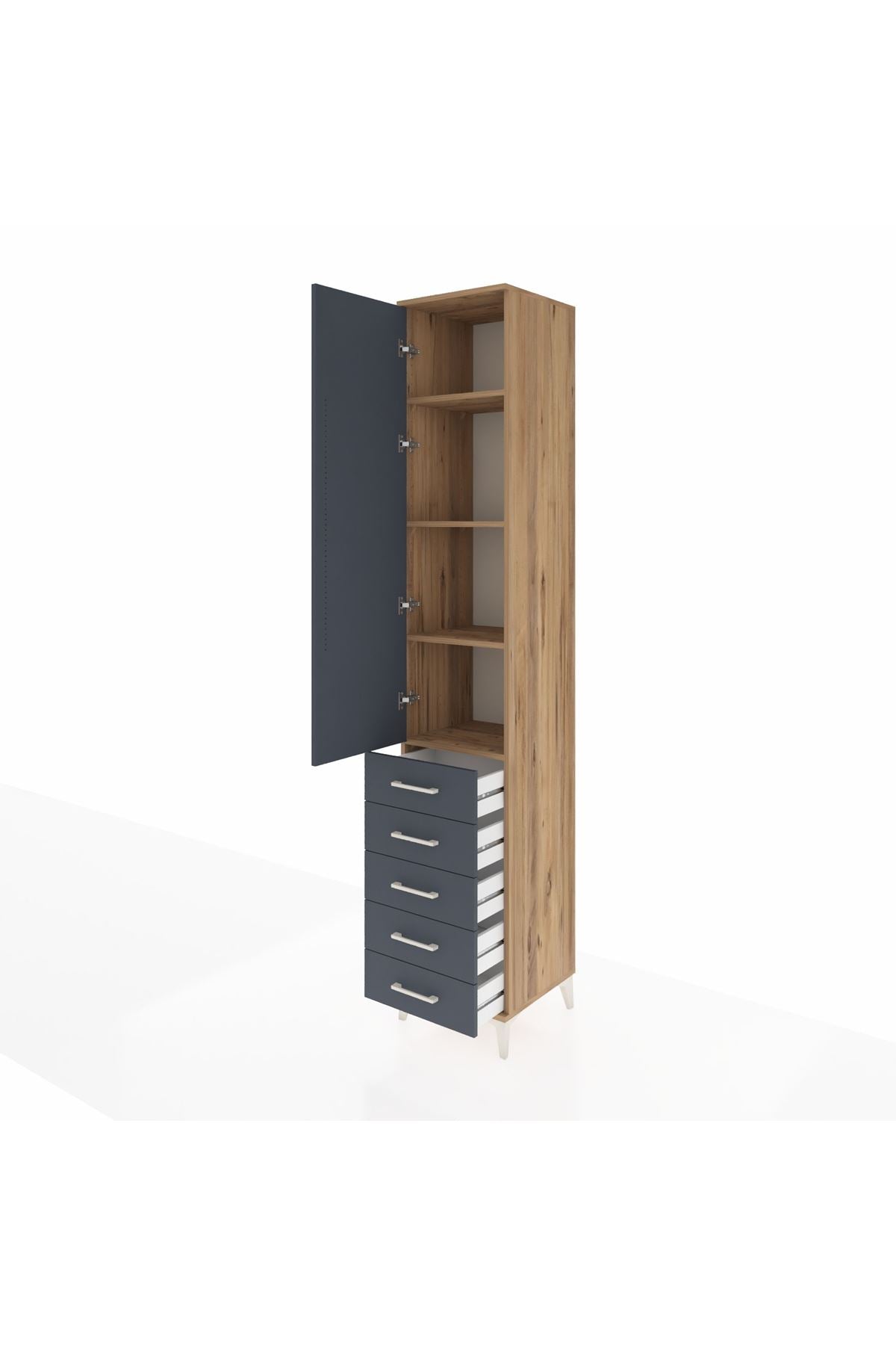 Hyperion Dolap 4 Raflı 5 Çekmeceli Tek Kapaklı 44x44x243 Çam-Antrasit