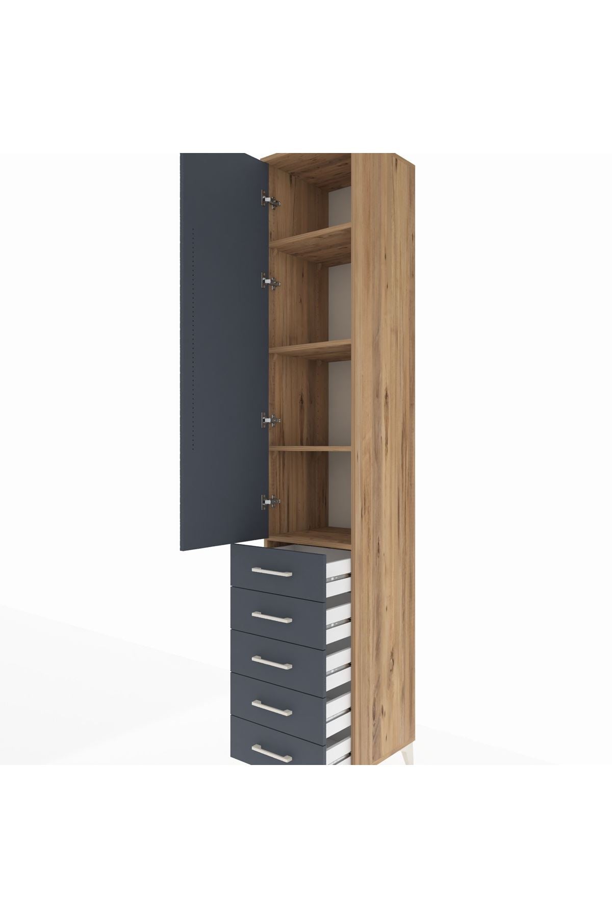 Hyperion Dolap 4 Raflı 5 Çekmeceli Tek Kapaklı 44x44x243 Çam-Antrasit