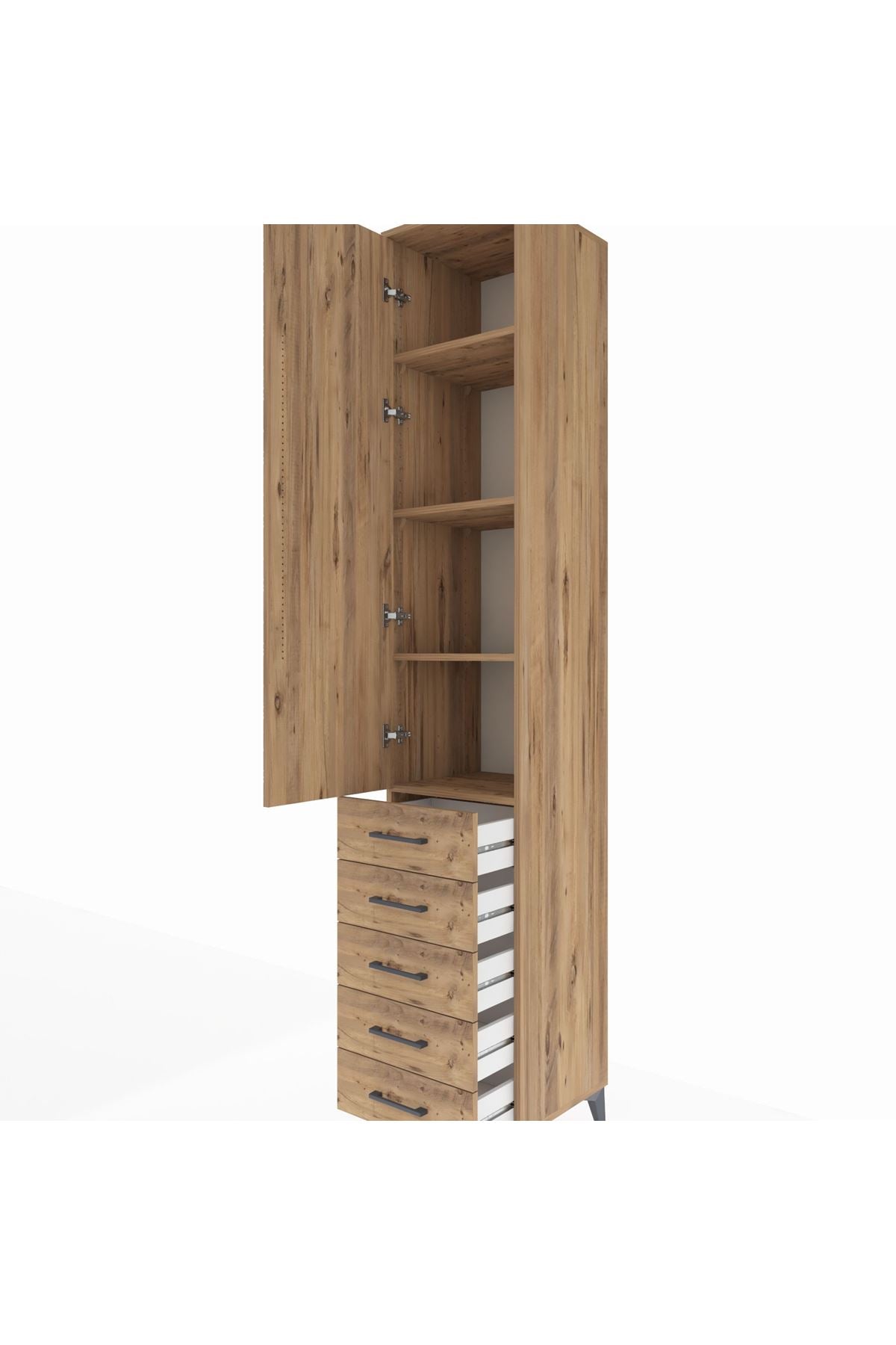 Hyperion Dolap 4 Raflı 5 Çekmeceli Tek Kapaklı 44x44x243 Çam-Çam