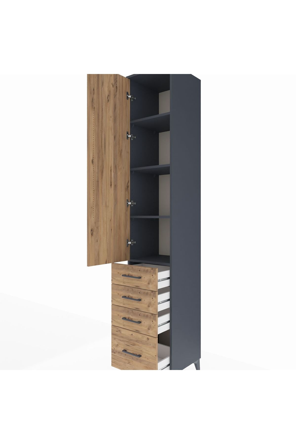 Hyperion Dolap 4 Raflı 4 Çekmeceli Tek Kapaklı 44x44x243 Antrasit-Çam