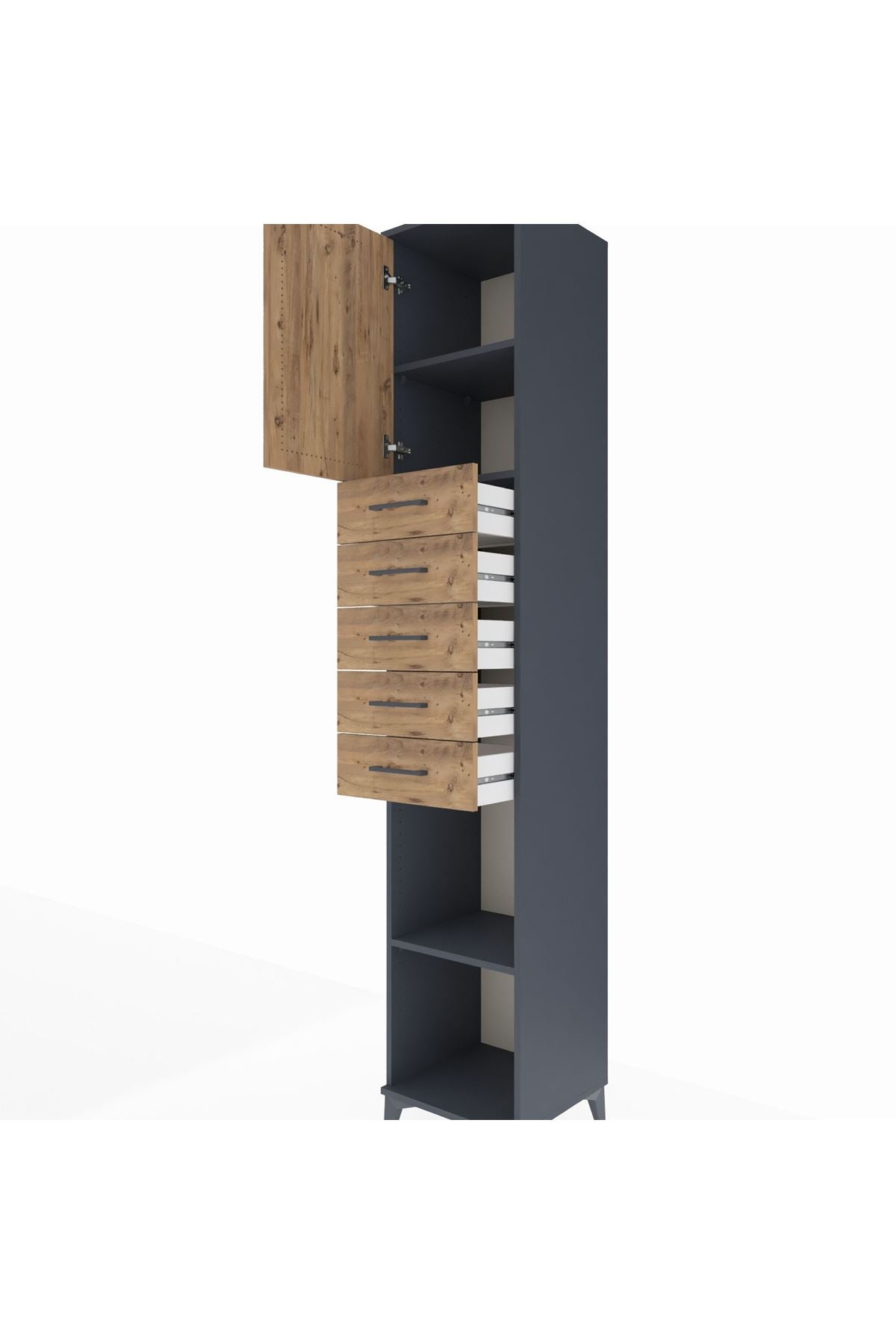 Hyperion Dolap 3 Raflı 5 Çekmeceli Tek Kapaklı 44x44x243 Antrasit-Çam