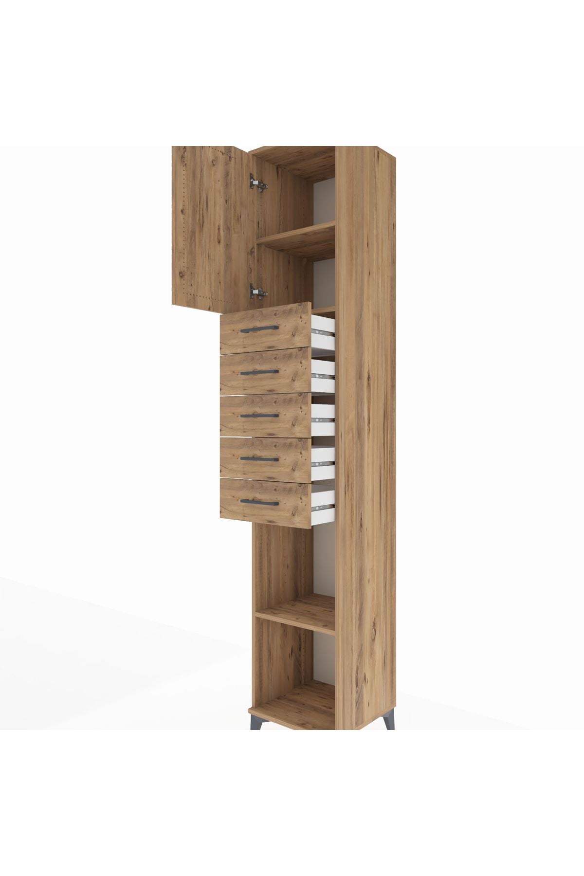 Hyperion Dolap 3 Raflı 5 Çekmeceli Tek Kapaklı 44x44x243 Çam-Çam