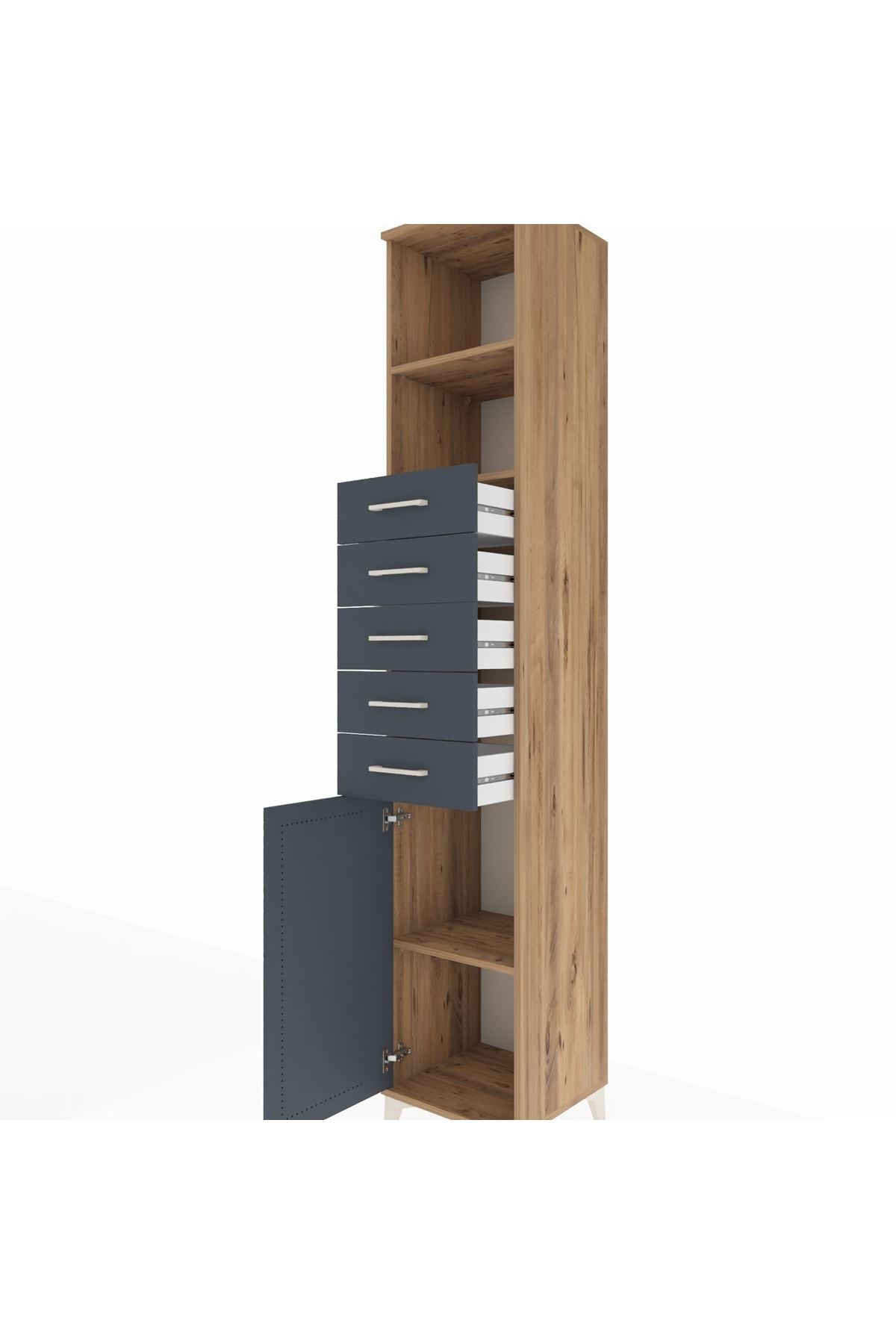 Hyperion Dolap 3 Raflı 5 Çekmeceli Tek Kapaklı 44x44x243 Çam-Antrasit