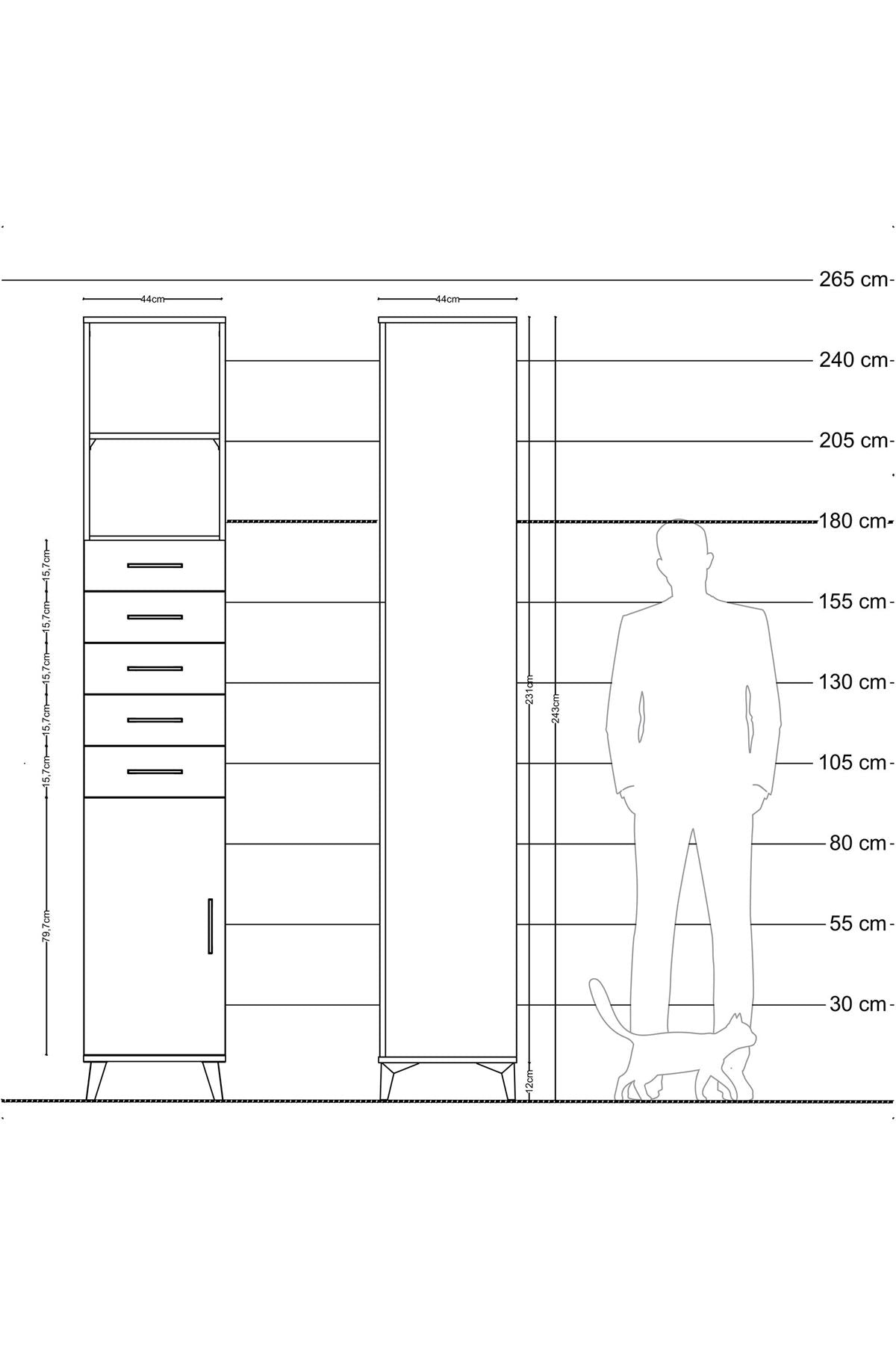 Hyperion Dolap 3 Raflı 5 Çekmeceli Tek Kapaklı 44x44x243 Çam-Çam