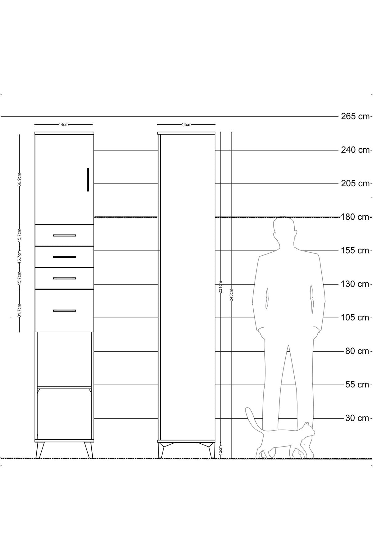 Hyperion Dolap 3 Raflı 4 Çekmeceli Tek Kapaklı 44x44x243 Çam-Çam
