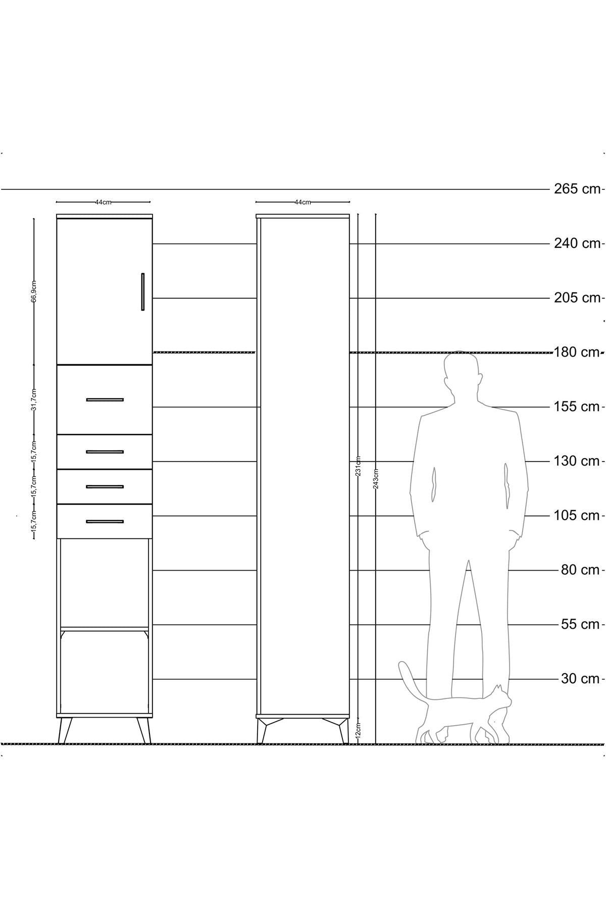Hyperion Dolap 3 Raflı 4 Çekmeceli Tek Kapaklı 44x44x243 Çam-Çam