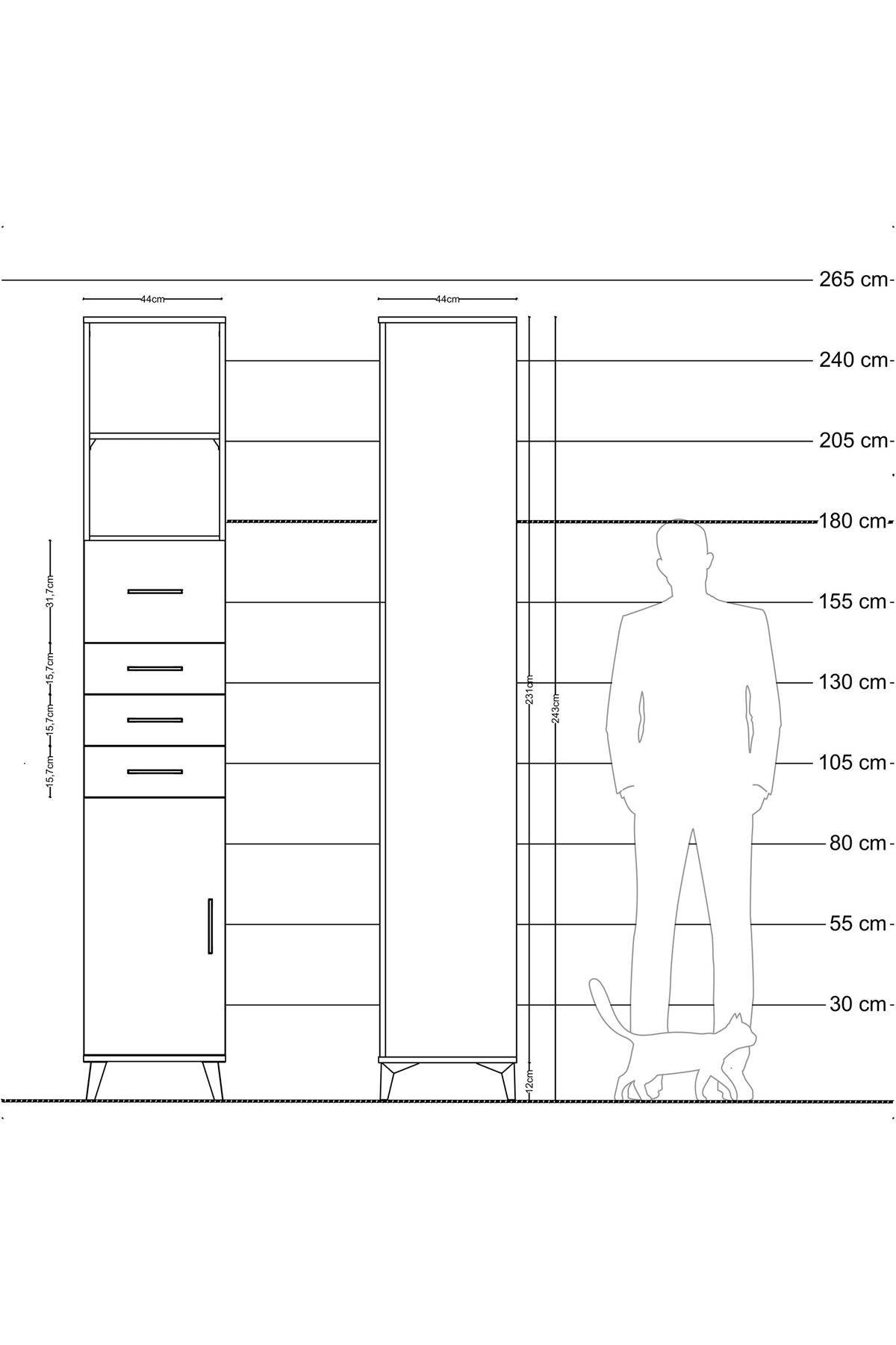 Hyperion Dolap 3 Raflı 4 Çekmeceli Tek Kapaklı 44x44x243 Çam-Çam