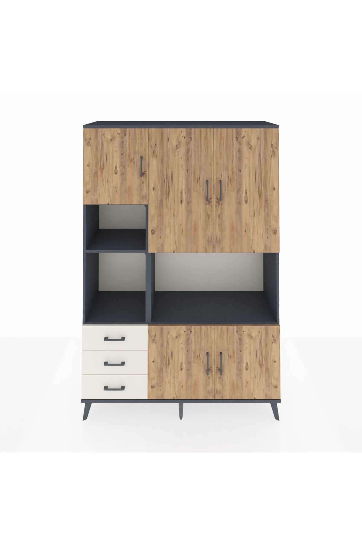 Hyperion Dolap 9 Raflı 3 Çekmeceli 5 Kapaklı 132x44x195 Antrasit-Çam/Aytaşı