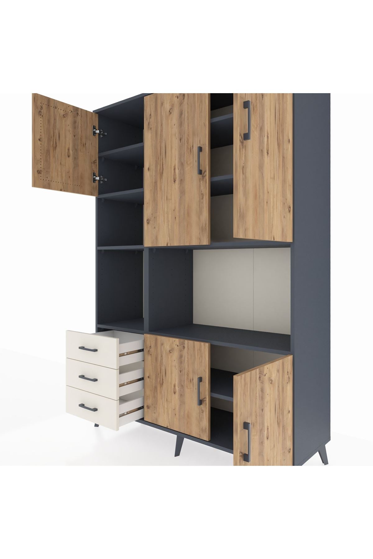 Hyperion Dolap 9 Raflı 3 Çekmeceli 5 Kapaklı 132x44x195 Antrasit-Çam/Aytaşı