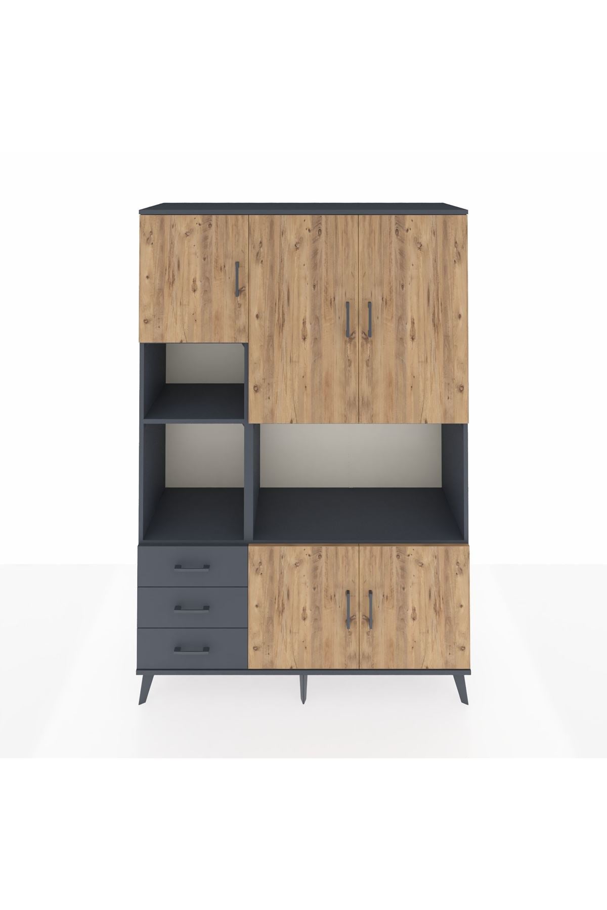 Hyperion Dolap 9 Raflı 3 Çekmeceli 5 Kapaklı 132x44x195 Antrasit-Çam/Antrasit