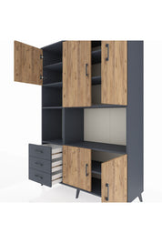 Hyperion Dolap 9 Raflı 3 Çekmeceli 5 Kapaklı 132x44x195 Antrasit-Çam/Antrasit