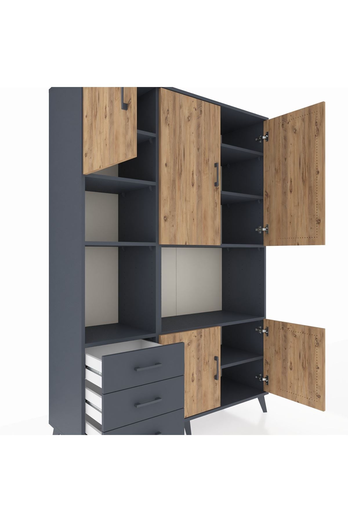 Hyperion Dolap 9 Raflı 3 Çekmeceli 5 Kapaklı 132x44x195 Antrasit-Çam/Antrasit