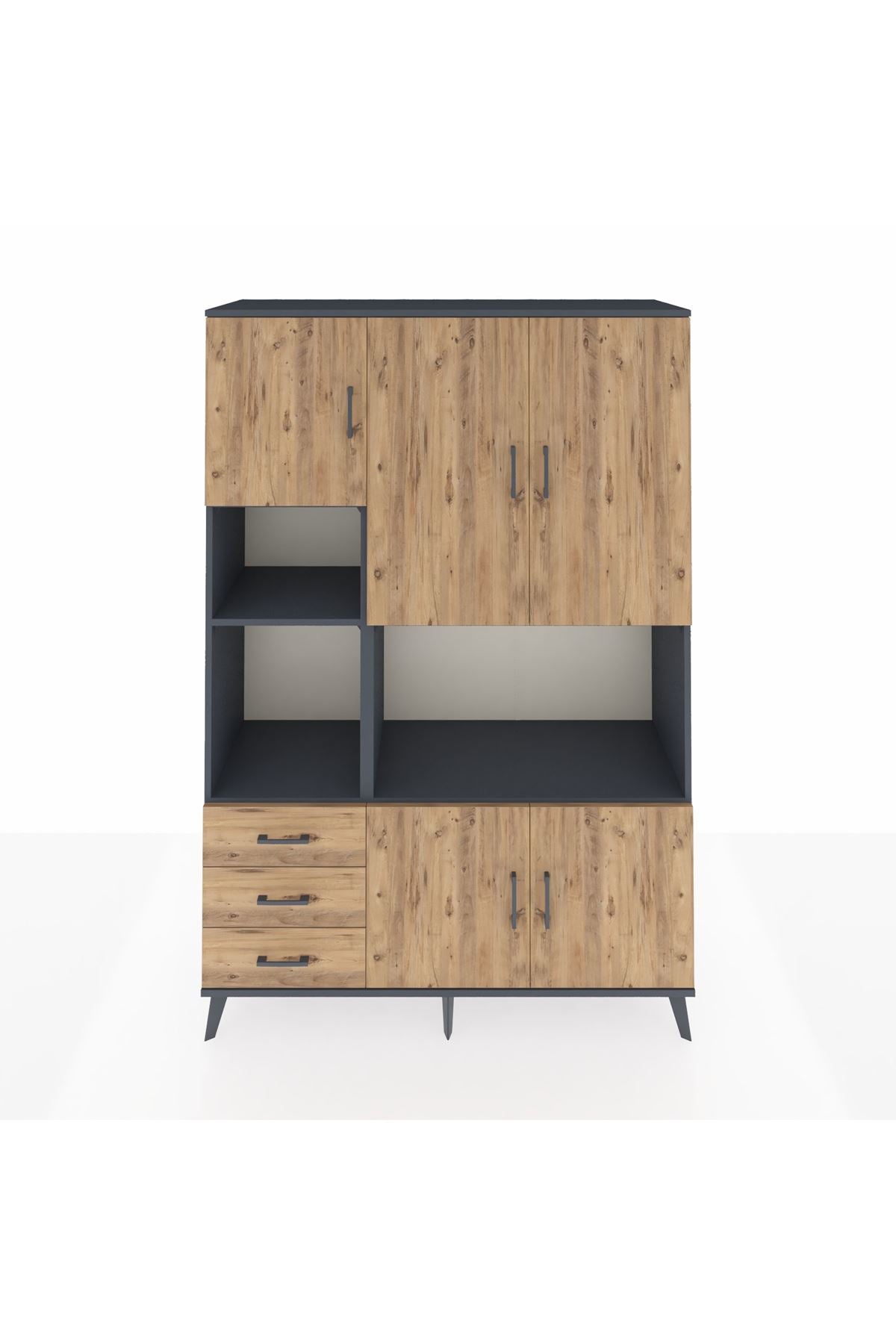 Hyperion Dolap 9 Raflı 3 Çekmeceli 5 Kapaklı 132x44x195 Antrasit-Çam/Çam
