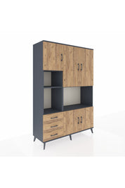 Hyperion Dolap 9 Raflı 3 Çekmeceli 5 Kapaklı 132x44x195 Antrasit-Çam/Çam