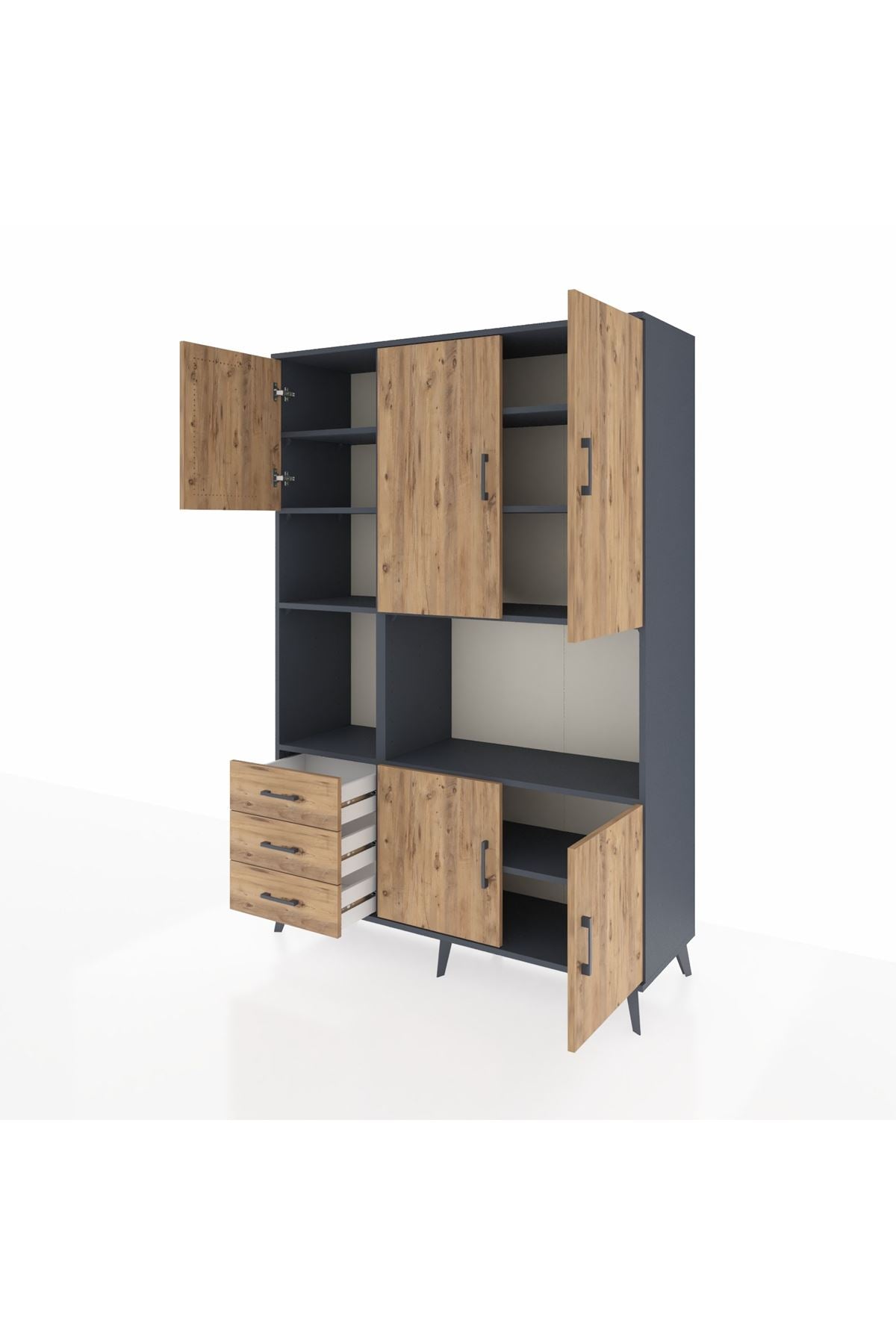 Hyperion Dolap 9 Raflı 3 Çekmeceli 5 Kapaklı 132x44x195 Antrasit-Çam/Çam