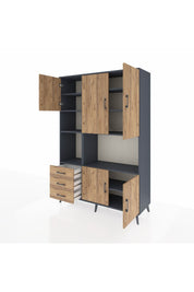 Hyperion Dolap 9 Raflı 3 Çekmeceli 5 Kapaklı 132x44x195 Antrasit-Çam/Çam