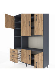 Hyperion Dolap 9 Raflı 3 Çekmeceli 5 Kapaklı 132x44x195 Antrasit-Çam/Çam