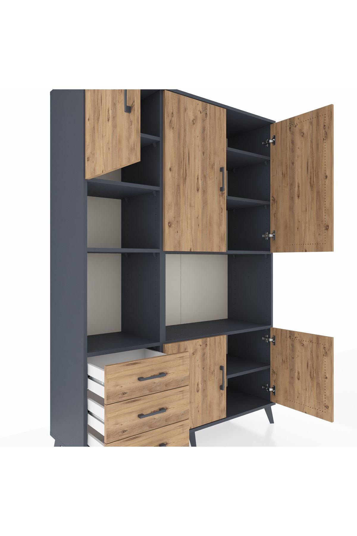 Hyperion Dolap 9 Raflı 3 Çekmeceli 5 Kapaklı 132x44x195 Antrasit-Çam/Çam