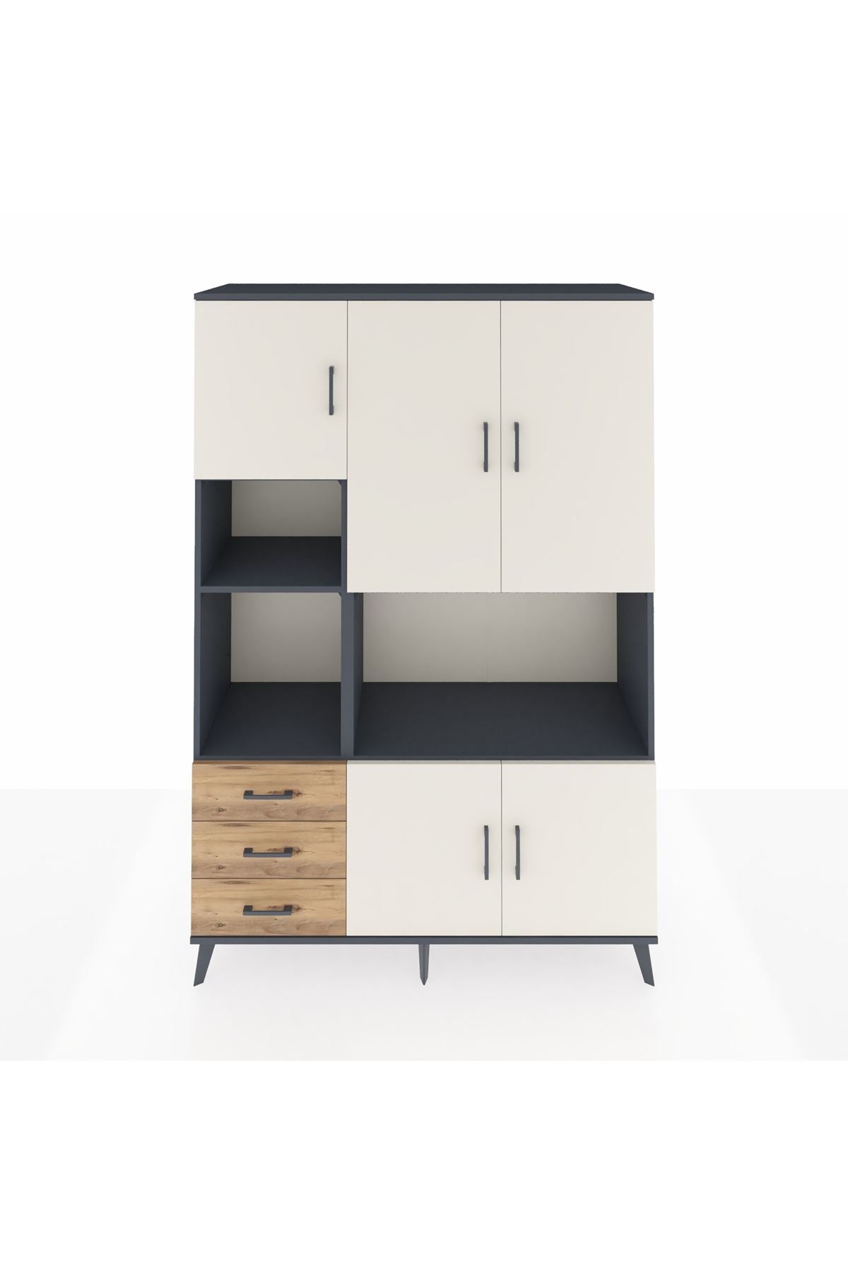 Hyperion Dolap 9 Raflı 3 Çekmeceli 5 Kapaklı 132x44x195 Antrasit-Aytaşı/Çam