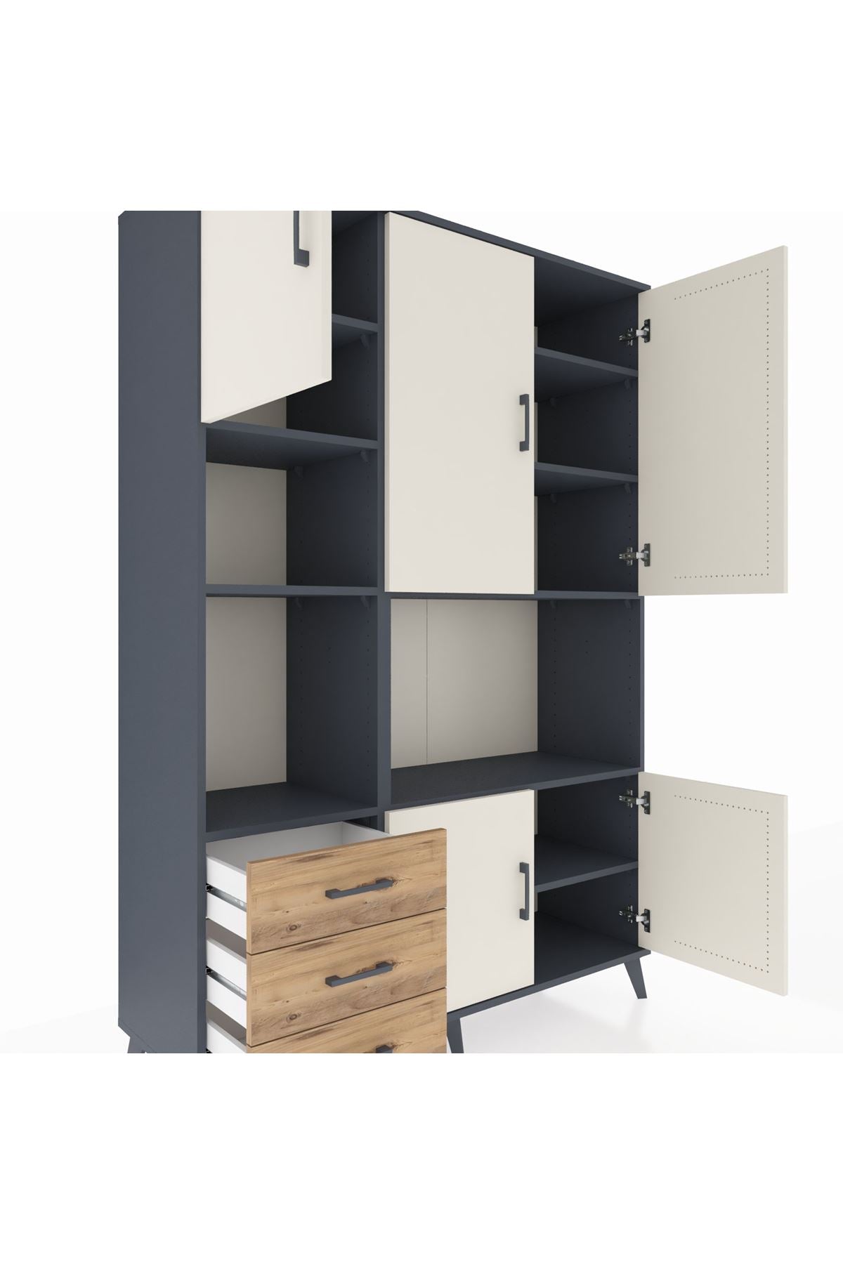 Hyperion Dolap 9 Raflı 3 Çekmeceli 5 Kapaklı 132x44x195 Antrasit-Aytaşı/Çam