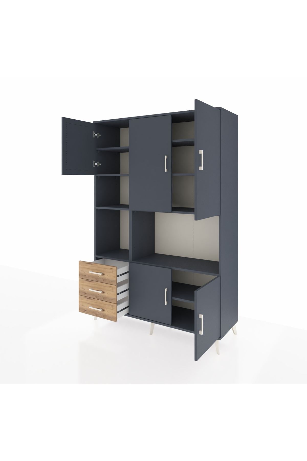 Hyperion Dolap 9 Raflı 3 Çekmeceli 5 Kapaklı 132x44x195 Antrasit-Antrasit/Çam