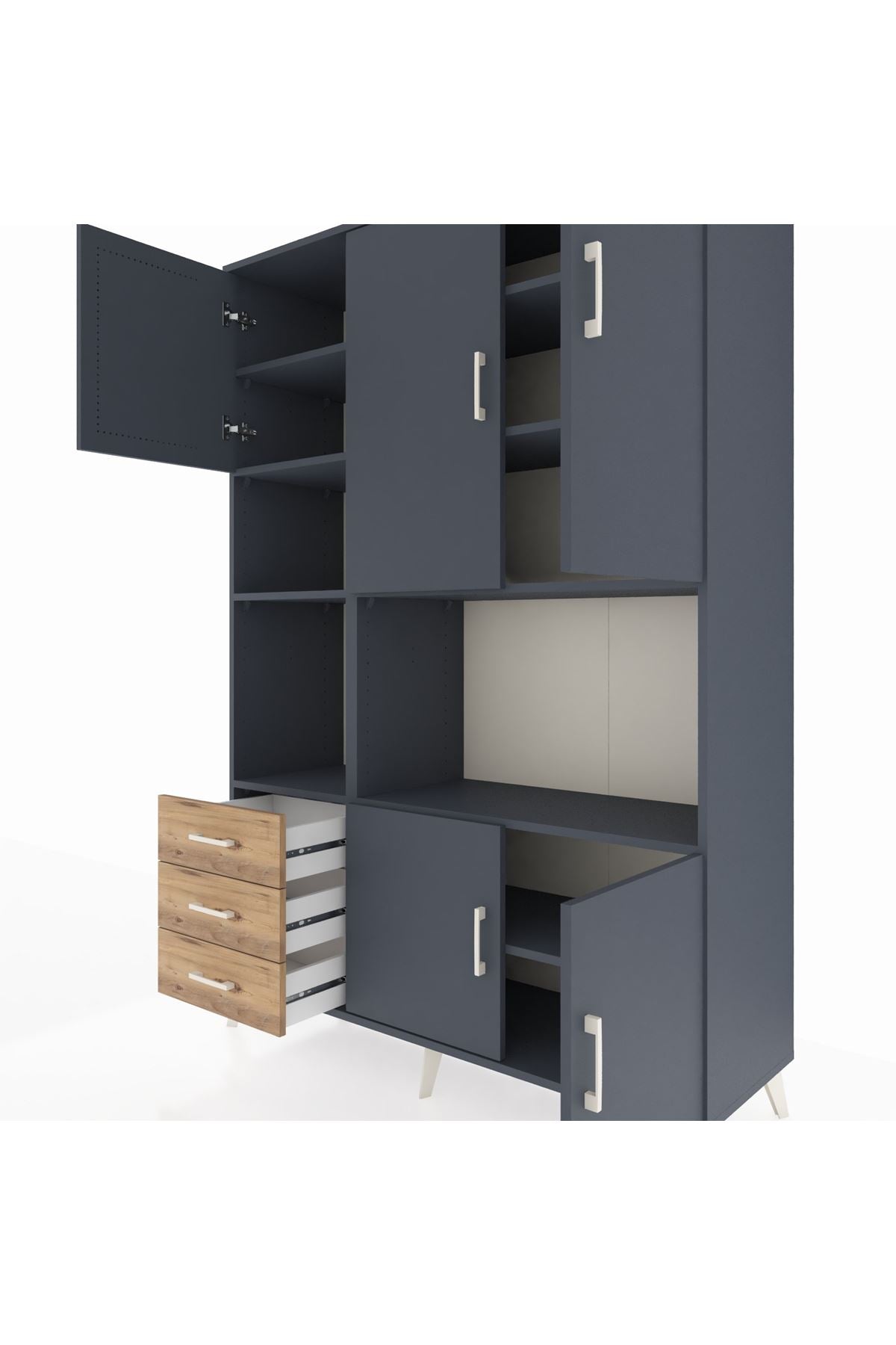 Hyperion Dolap 9 Raflı 3 Çekmeceli 5 Kapaklı 132x44x195 Antrasit-Antrasit/Çam