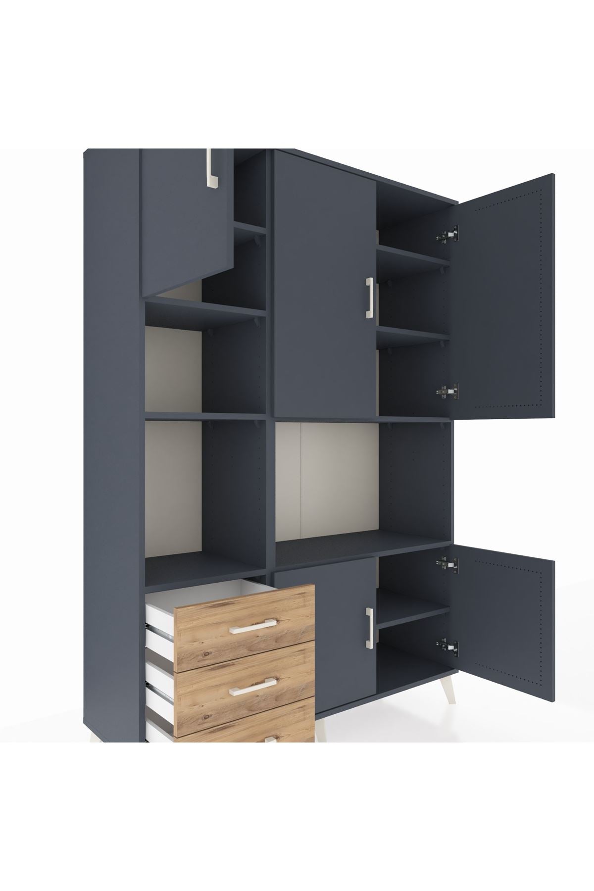 Hyperion Dolap 9 Raflı 3 Çekmeceli 5 Kapaklı 132x44x195 Antrasit-Antrasit/Çam